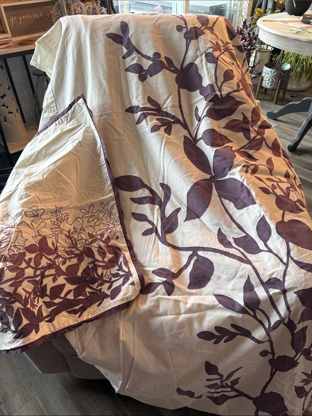 Pottery Barn Cream Duvet Cover with Plum Botanical Print